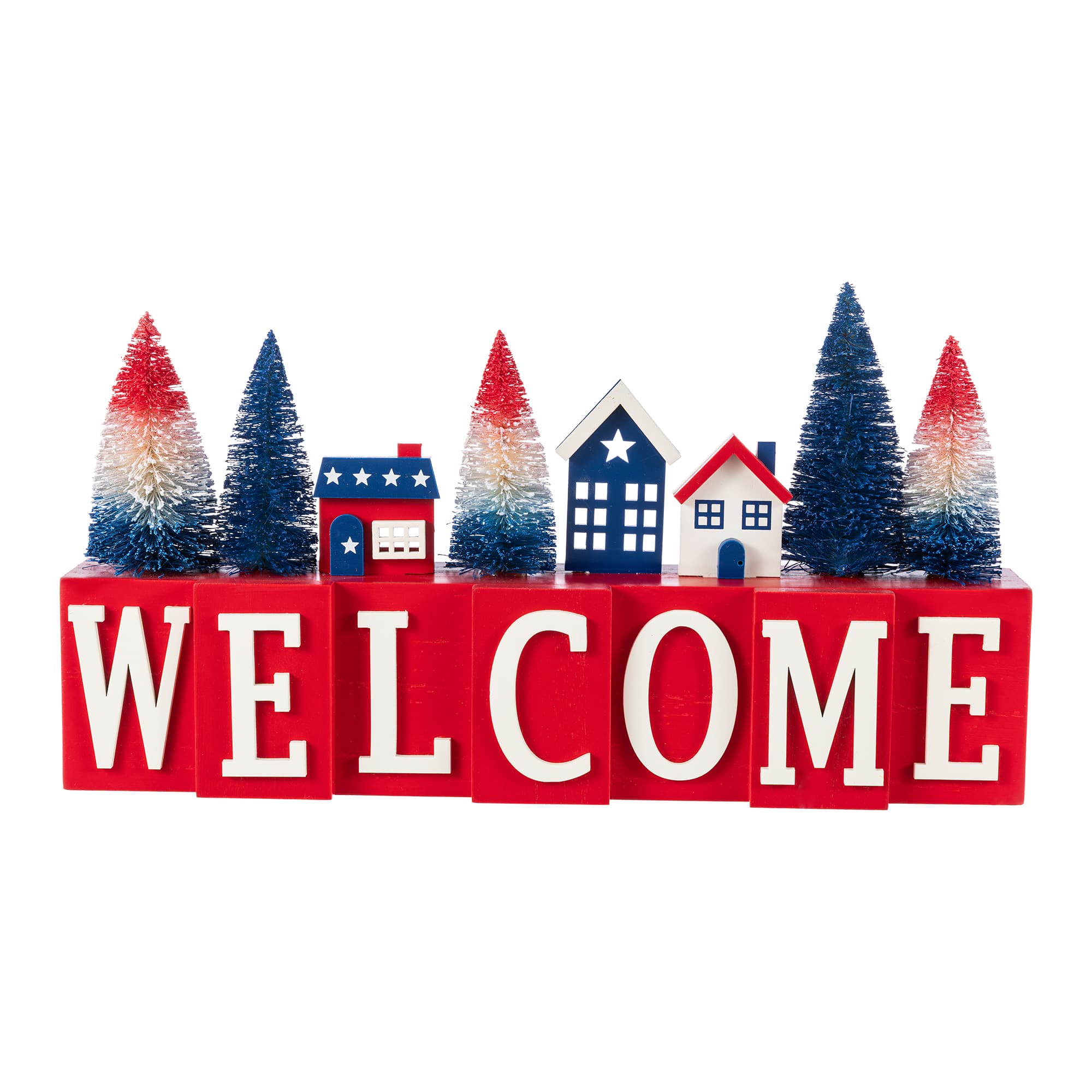 Glitzhome® 14" Patriotic Americana Wooden House & Brush Trees Table Decor